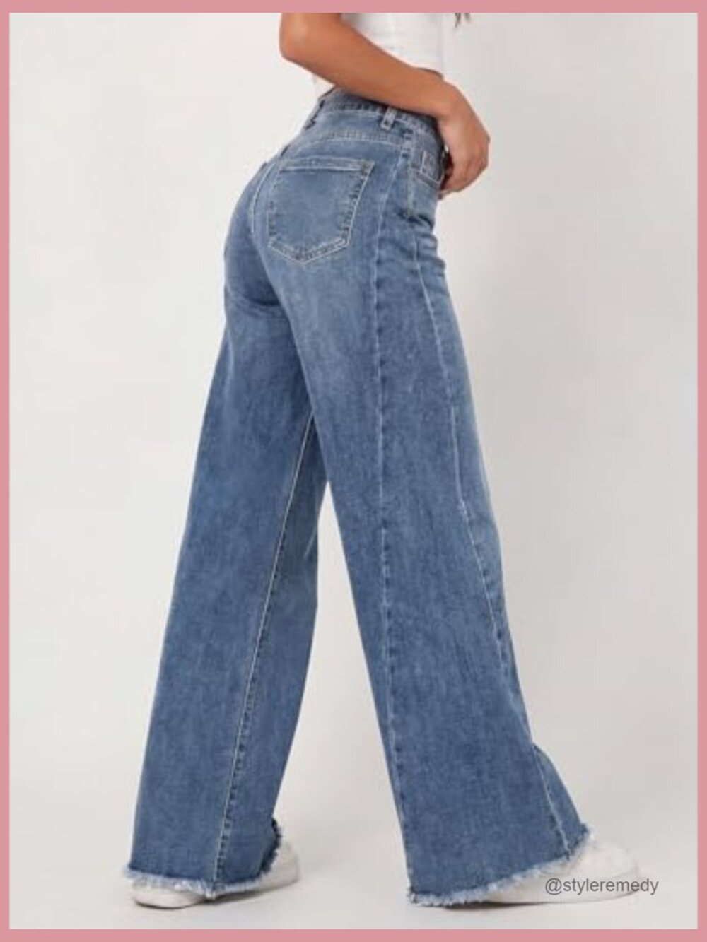Wide Leg Jeans with Raw Hem, Mid Rise, Stretchable Cotton Blend Denim - Picture 3 of 7